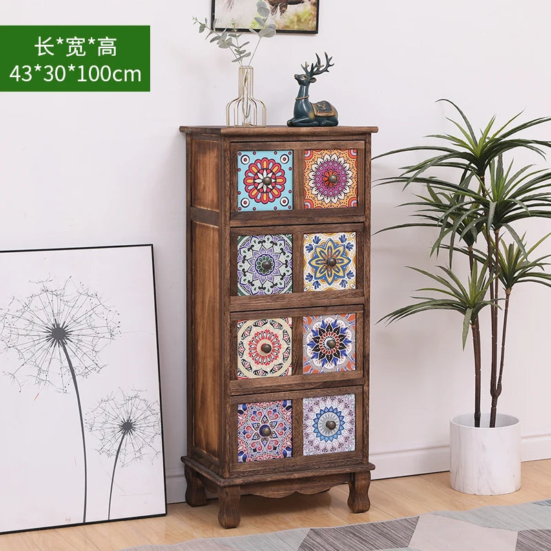 commode vintage rustique tiroirs floraux bois foncé organisateur chambre coucher bois massif