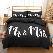 housse couette imprimée motifs graphiques moderne humour couple noir blanc jaune textes illustrations empreintes