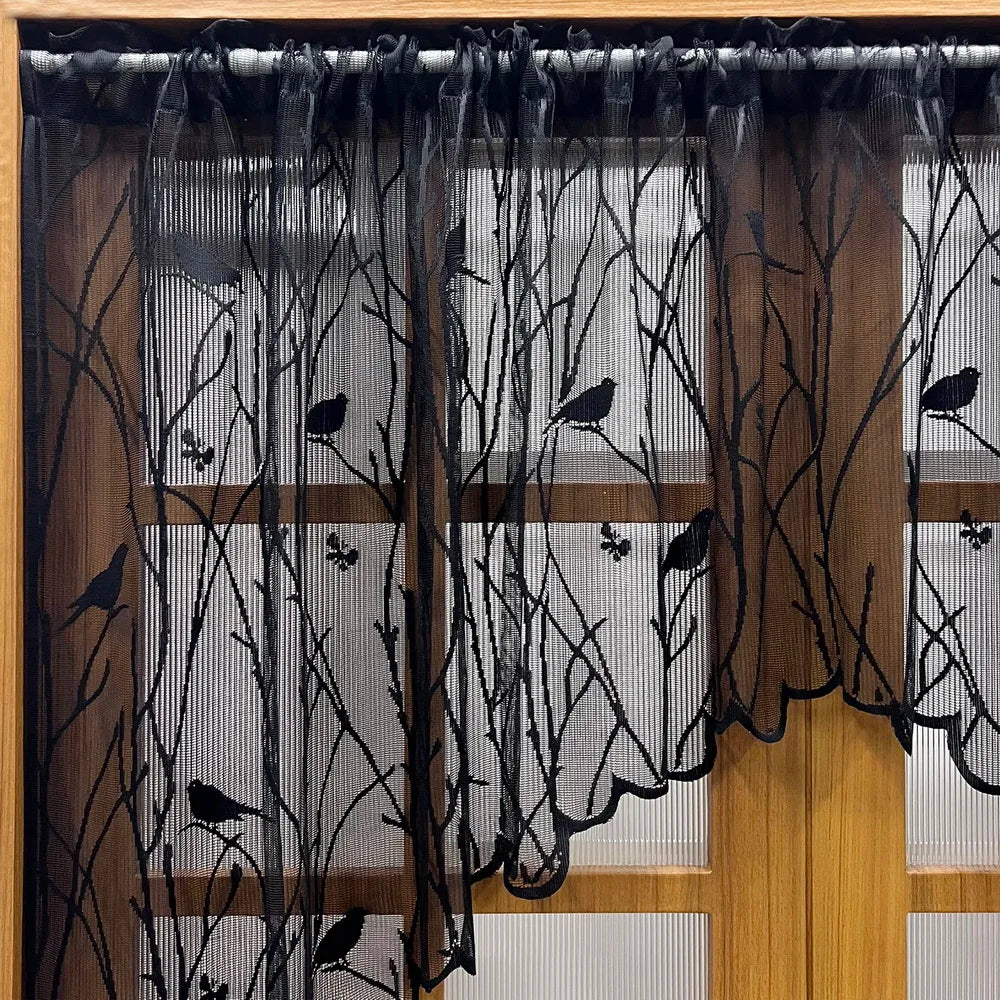 Rideau brodé noir blanc oiseaux branches transparent fenêtre botanique print rod pocket polyester