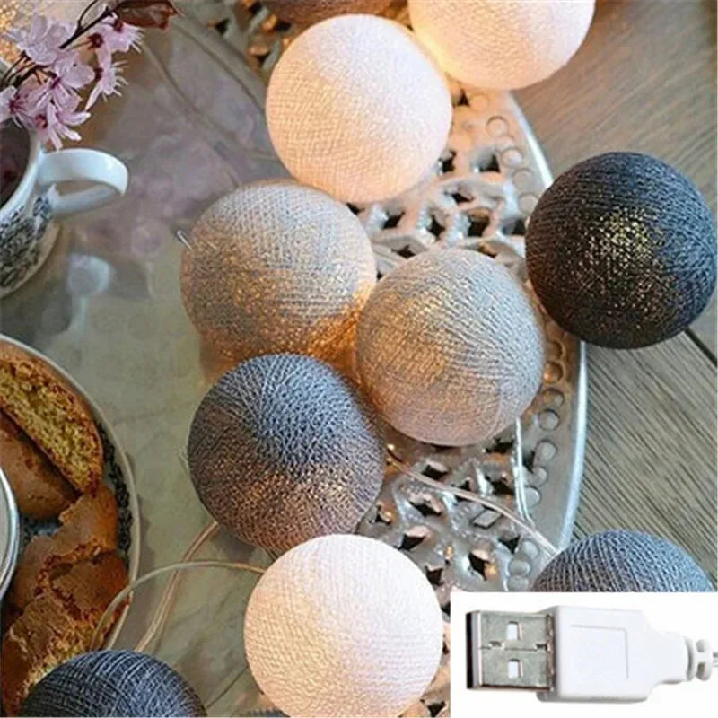 guirlande lumineuse led boules coton decoration interieur mariage noel decoratif fil cable blanc rose