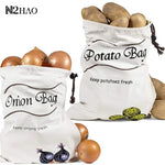 sac rangement légumes blanc imprimé fraîcheur corde nouer potatoes onions simple pratique