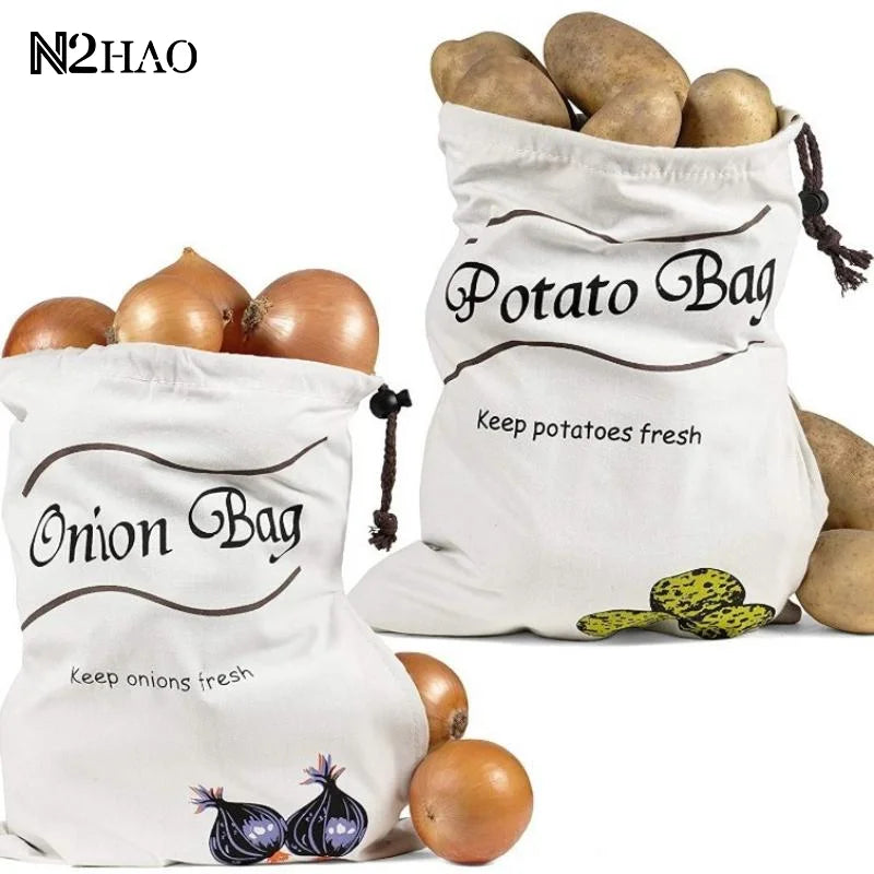 sac rangement légumes blanc imprimé fraîcheur corde nouer potatoes onions simple pratique