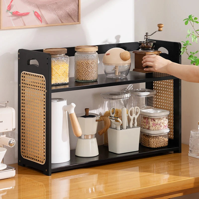 étagère cuisine moderne rattan noir boîte rangement transparent tasses motifs cafetière couteau pince fouet