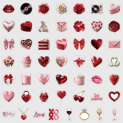 sticker adhésif romantique valentin coeurs fleurs gâteau bougies lettres bijoux rouge rose blanc
