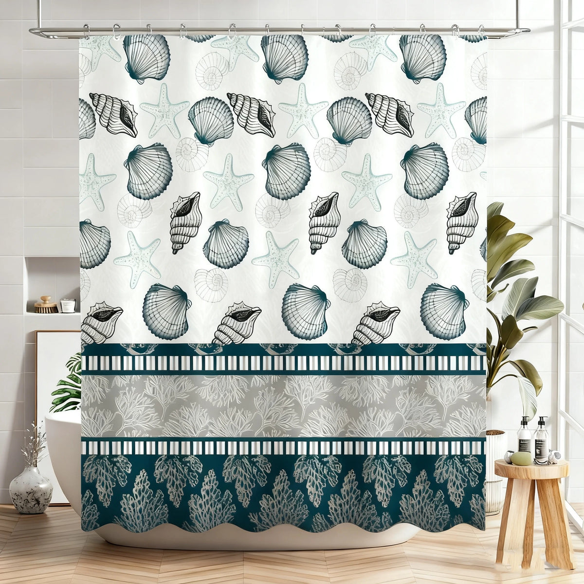 rideau douche polyester blanc fleur géométrique moderne anneaux