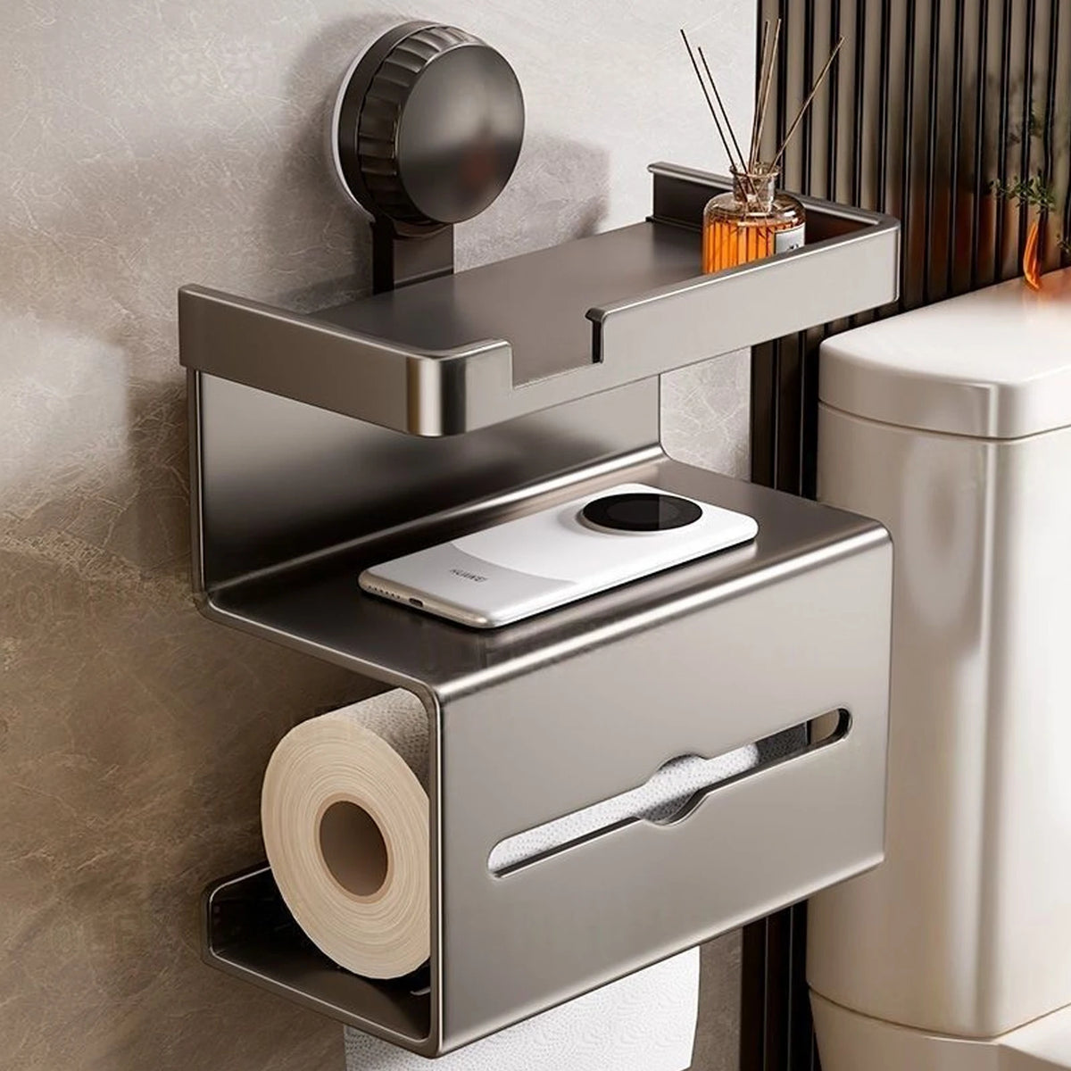 porte rouleau papier toilette mural adhésif moderne minimaliste beige gris mouchoirs cosmétiques bijoux téléphone