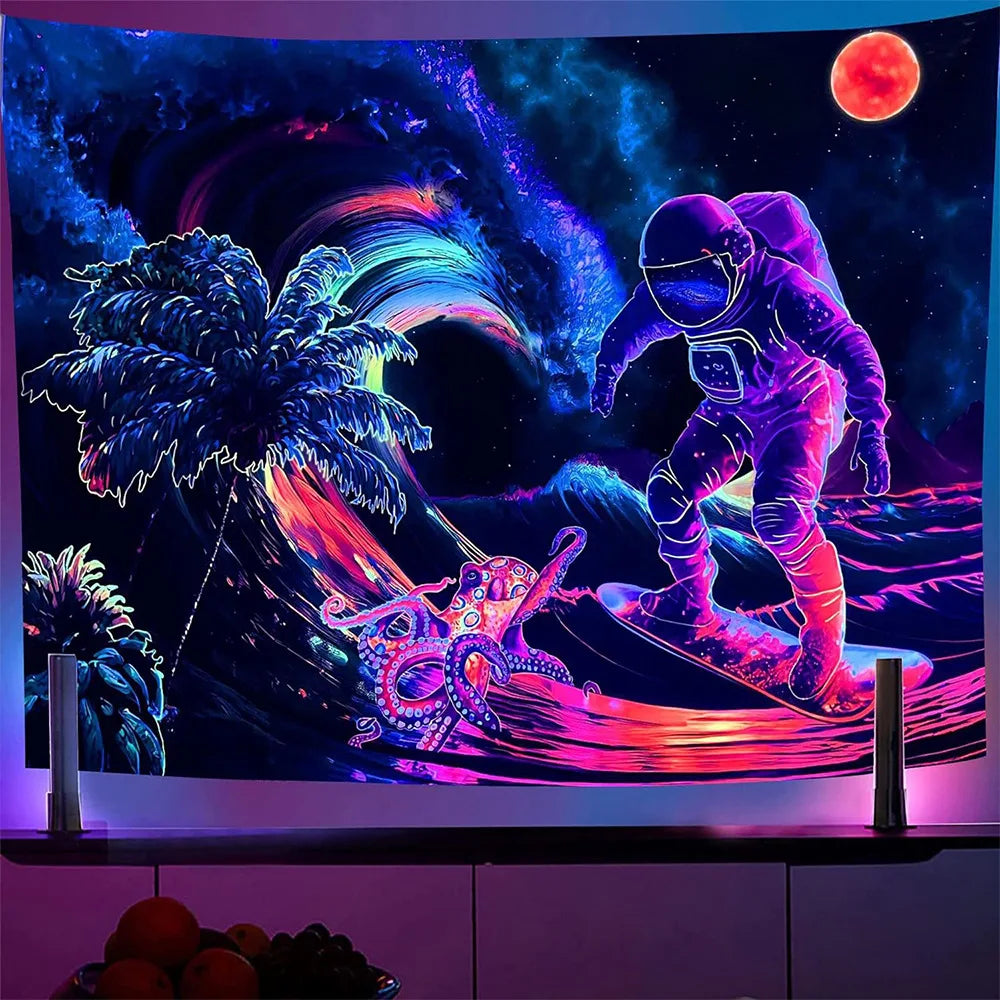 tapisserie murale astronaute extraterrestre fluorescente psychédélique décor chambre lumière noire multicolore grande taille