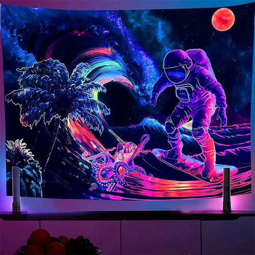 tapisserie murale astronaute extraterrestre fluorescente psychédélique décor chambre lumière noire multicolore grande taille