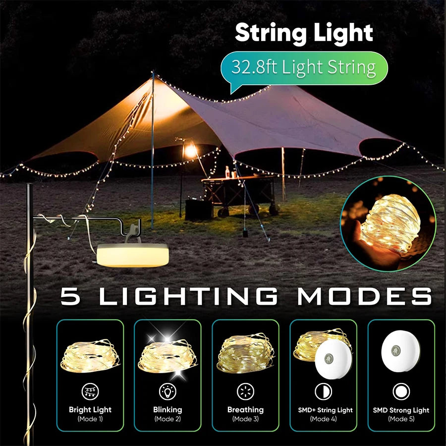 guirlande lumineuse camping rechargeable led flexible modes éclairage portable extérieur rustique moderne