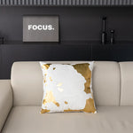 coussins décoratifs contemporains blanc doré motif abstrait non toxique respectueux environnement polyester opacité fixés