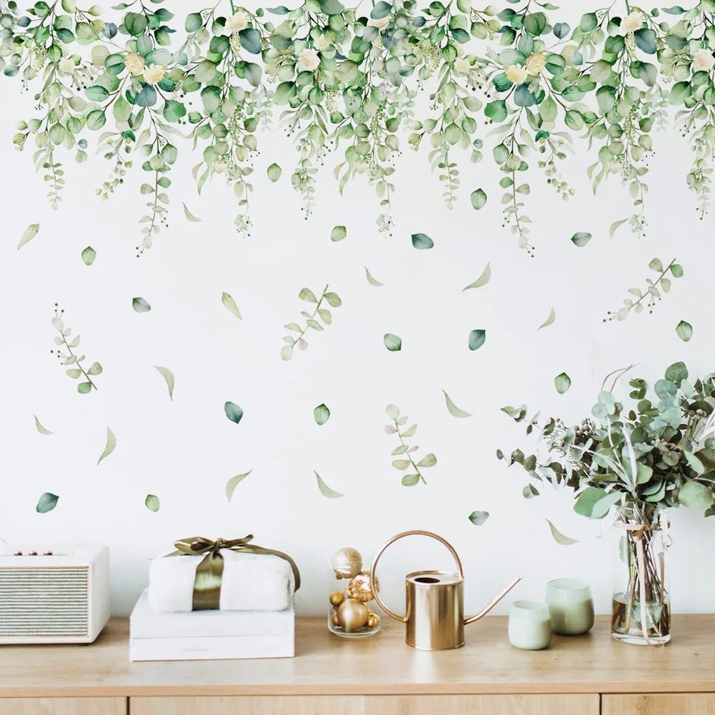 sticker mural adhésif feuilles botanique moderne naturel 71cm 88cm vert aquarelle chambre salon