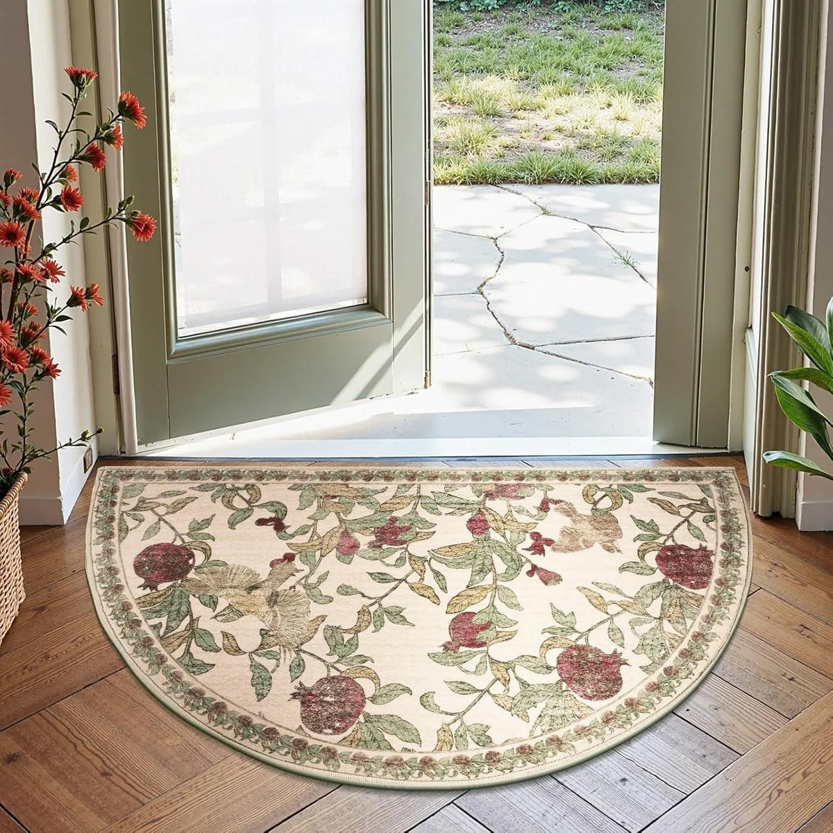 tapis demi cercle motif floral fruits beige vert bleu marine classique antidérapant résistant