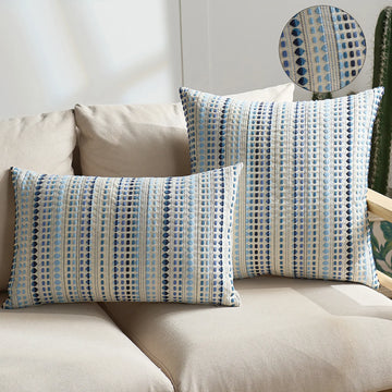 lot trois housses coussin carrées motif géométrique beige bleu moderne décoratif salon