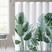 rideau douche motif feuilles tropicales vert blanc botanique tropical tringle anneaux salle bain