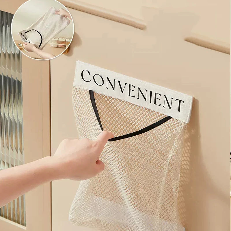 sac rangement polyester réutilisable clips beige clair maille fine moderne cuisine articles divers pliable