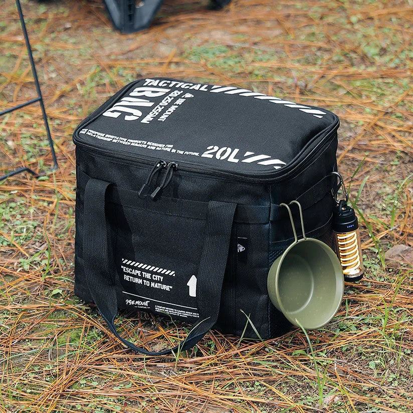 sac rangement camping isotherme noir kaki camouflage ustensiles cuisine bouteilles gaz poêle tasse lampe
