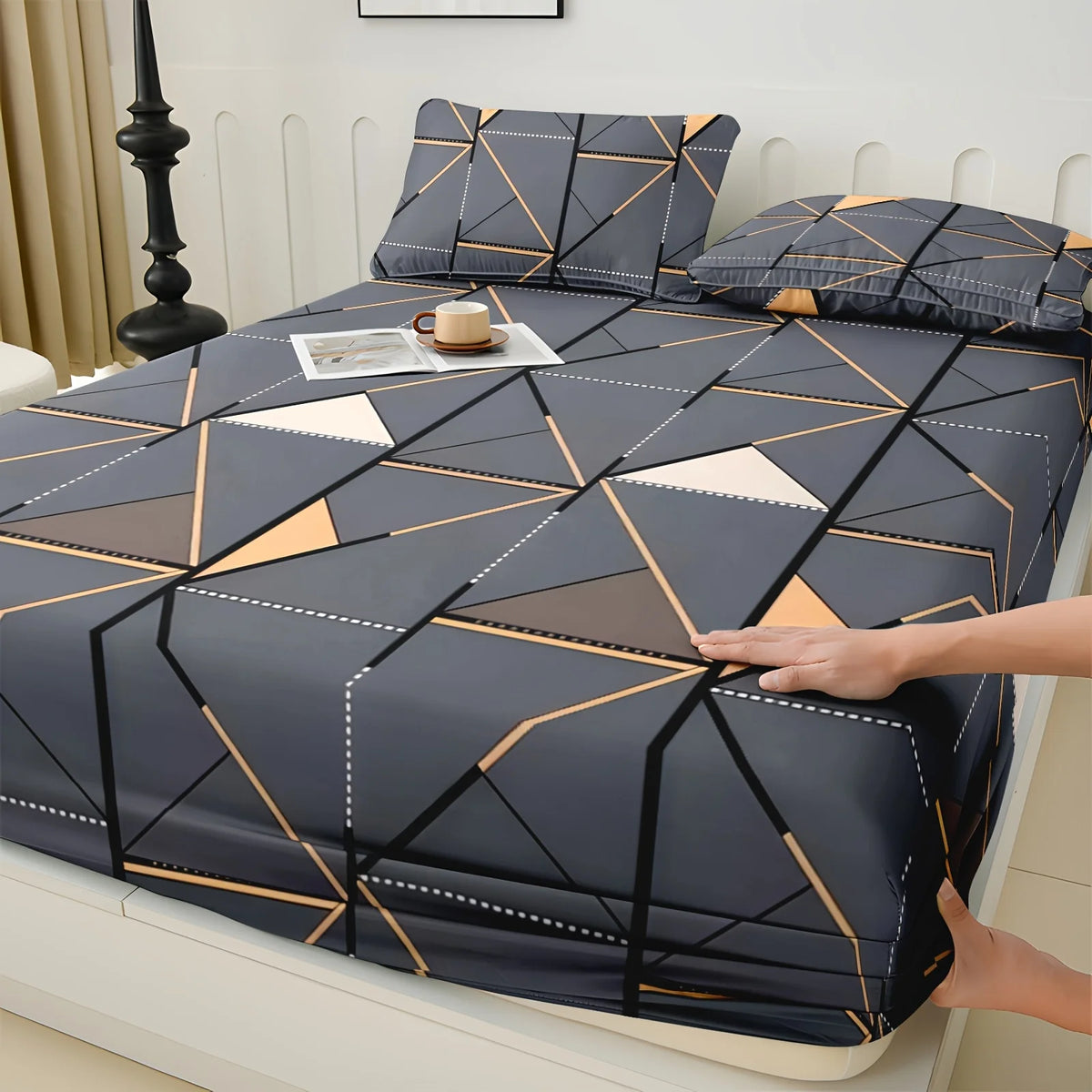 draps coton gris moderne housse lit élastique triangle beige noir doux minimaliste