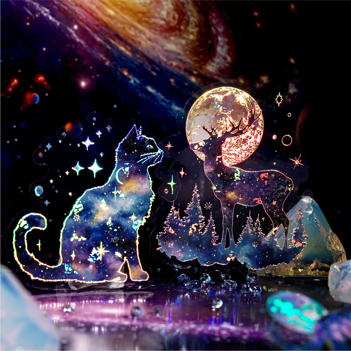 autocollants transparents thème céleste étoiles lunes animaux scrapbooking décoration journal fantaisie bleu violet