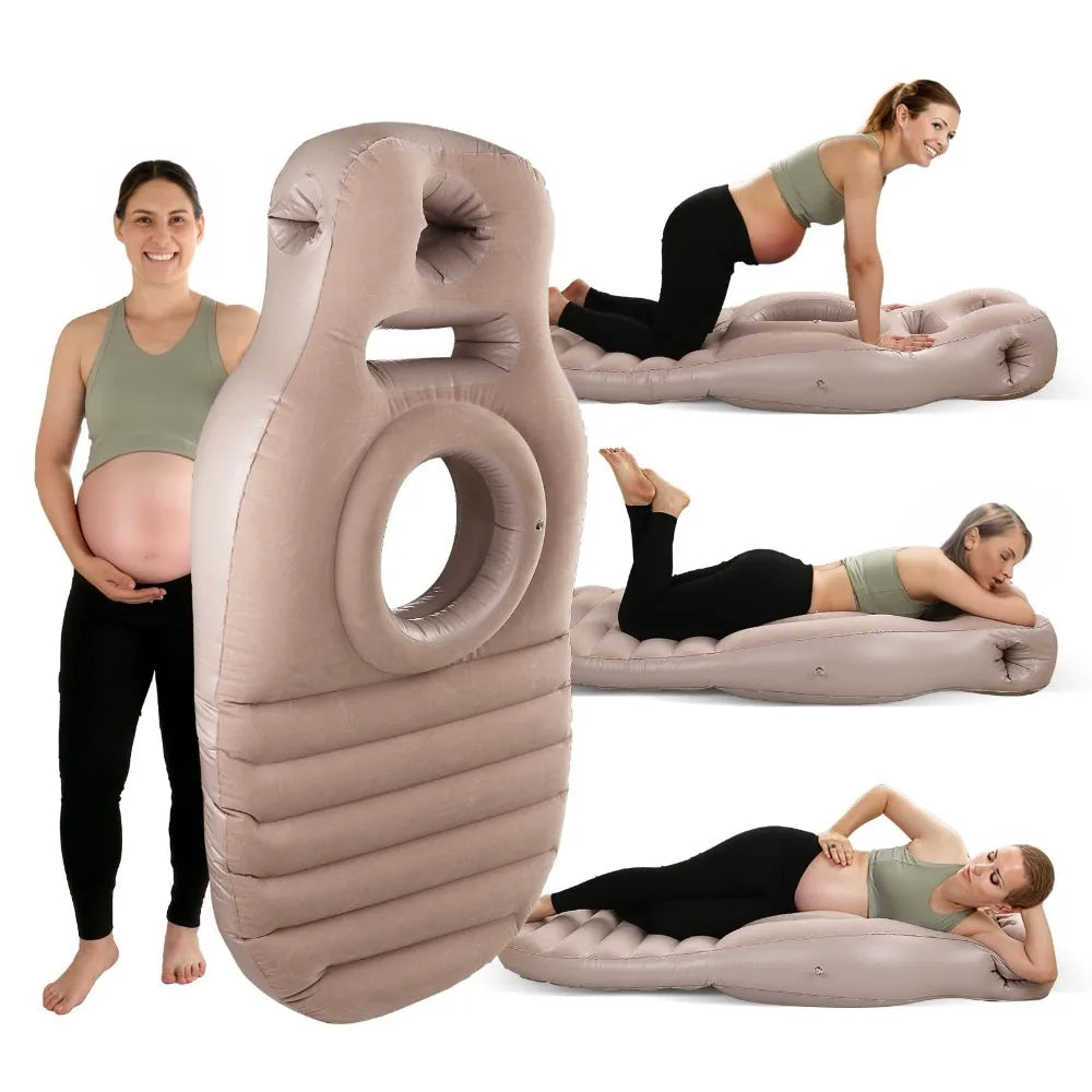 coussin gonflable confort grossesse rayures horizontales beige rose bleu ergonomique mousse mémoire forme concave