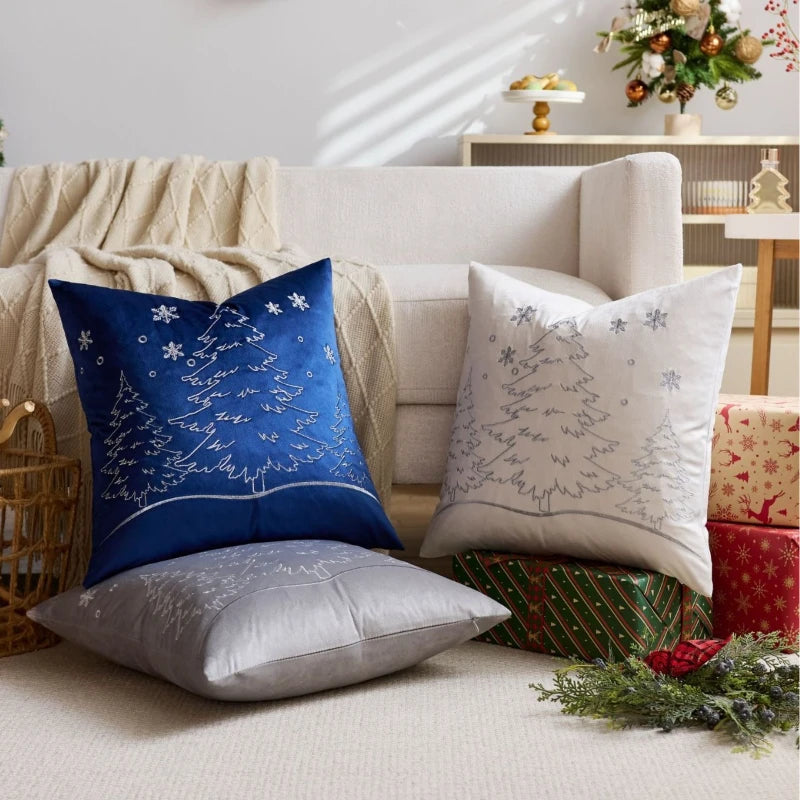 housse coussin brodée arbre noël moderne 45x45cm polyester coton velours rouge vert bleu gris