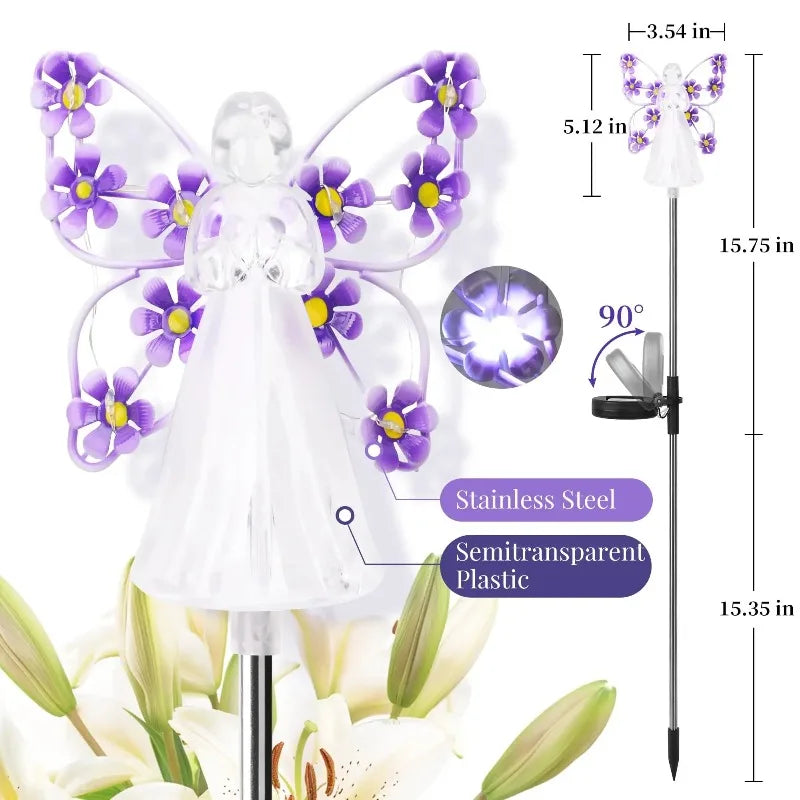 lampe solaire ange transparent fleurs violettes modernes ailes semi transparentes clips jardin élégant