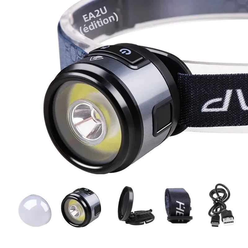 lampe torche rechargeable led gris moderne clip bandeau ajustable haute luminosité usb