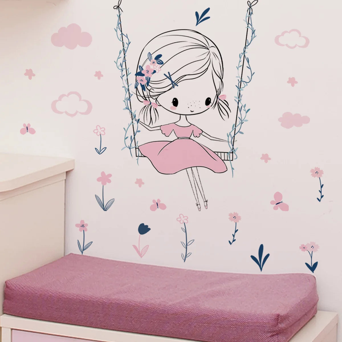 sticker mural décoration enfantine fille dandelins nuages balançoire dessin animé pvc adhésif chambre rose
