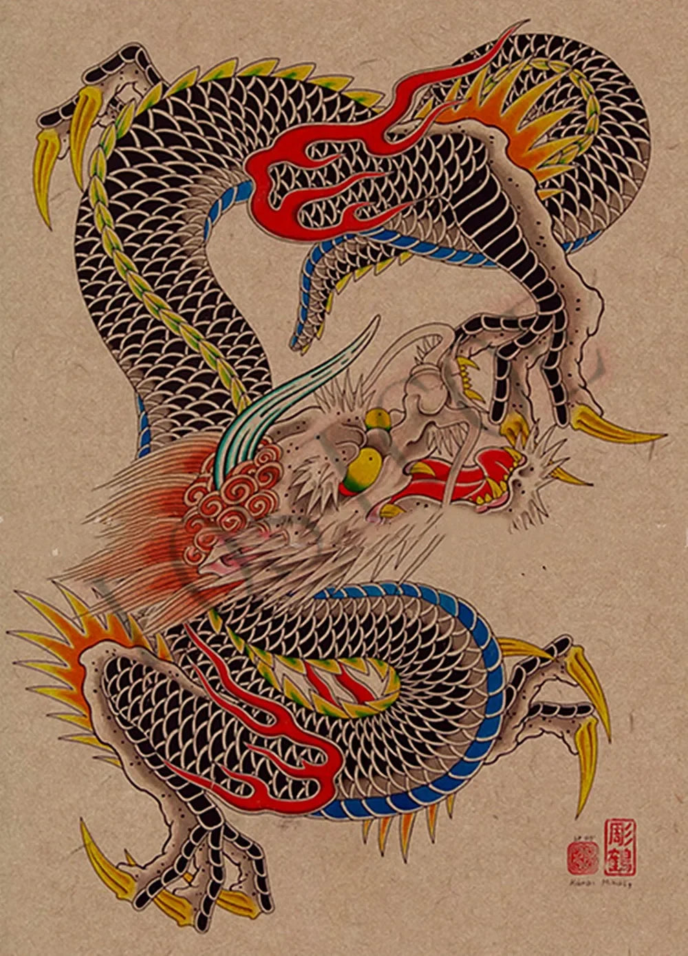 tattoo temporaire tatouage japonais dragon femme fleur noir blanc rouge vert bleu or