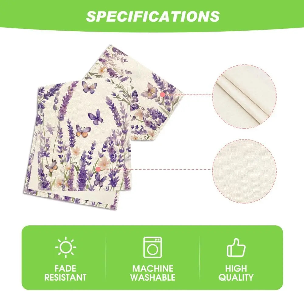 Couverture en coton avec motif papillons et lavande, lavable en machine et résistante aux délavages.