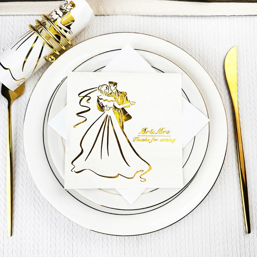serviettes jetables mariage motif couple dancing festives élégantes occasion anniversaire Blanc Or