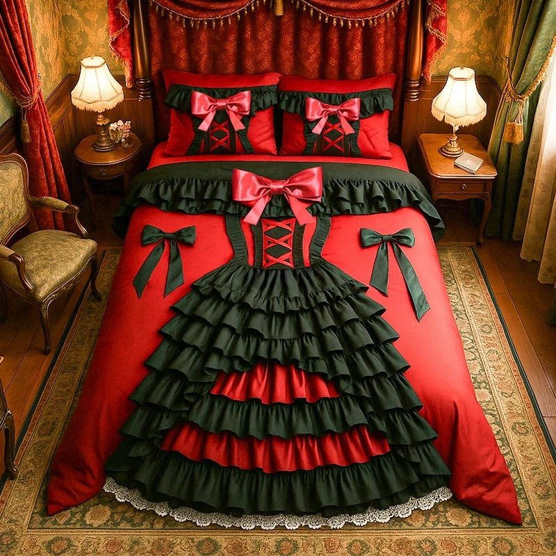 ensemble literie drap housse couette taies oreillers rouge noir gris clair motifs volants rubans