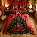 ensemble literie drap housse couette taies oreillers rouge noir gris clair motifs volants rubans