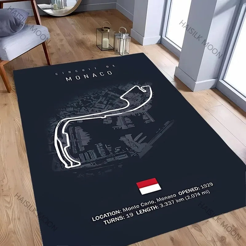 tapis sol noir motif circuit course automobile décoration moderne salon chambre maison