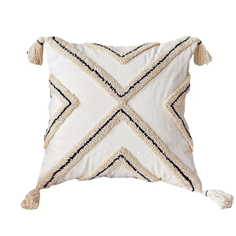 coussin carré boho blanc motif géométrique noir tassel brodé anti décubitus polyester