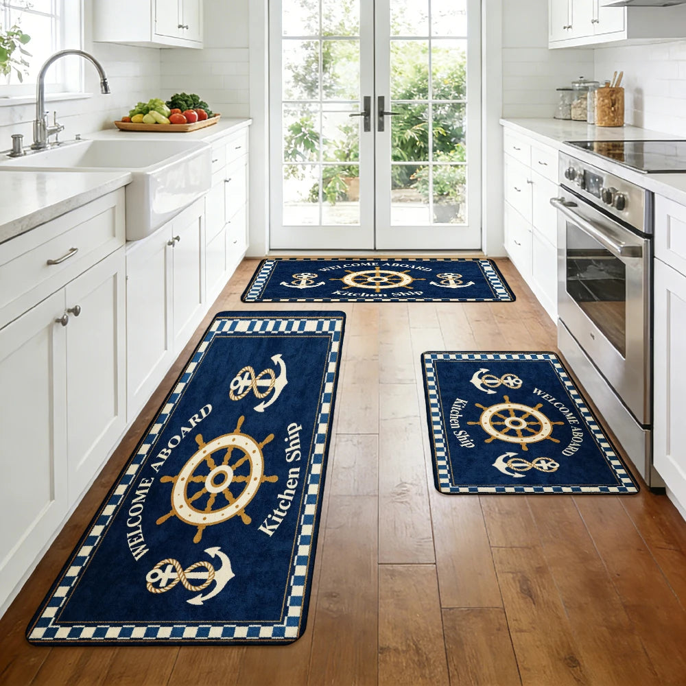 tapis marin antidérapant bleu foncé ancre roue navire carreaux intérieur cuisine salle bain chambre