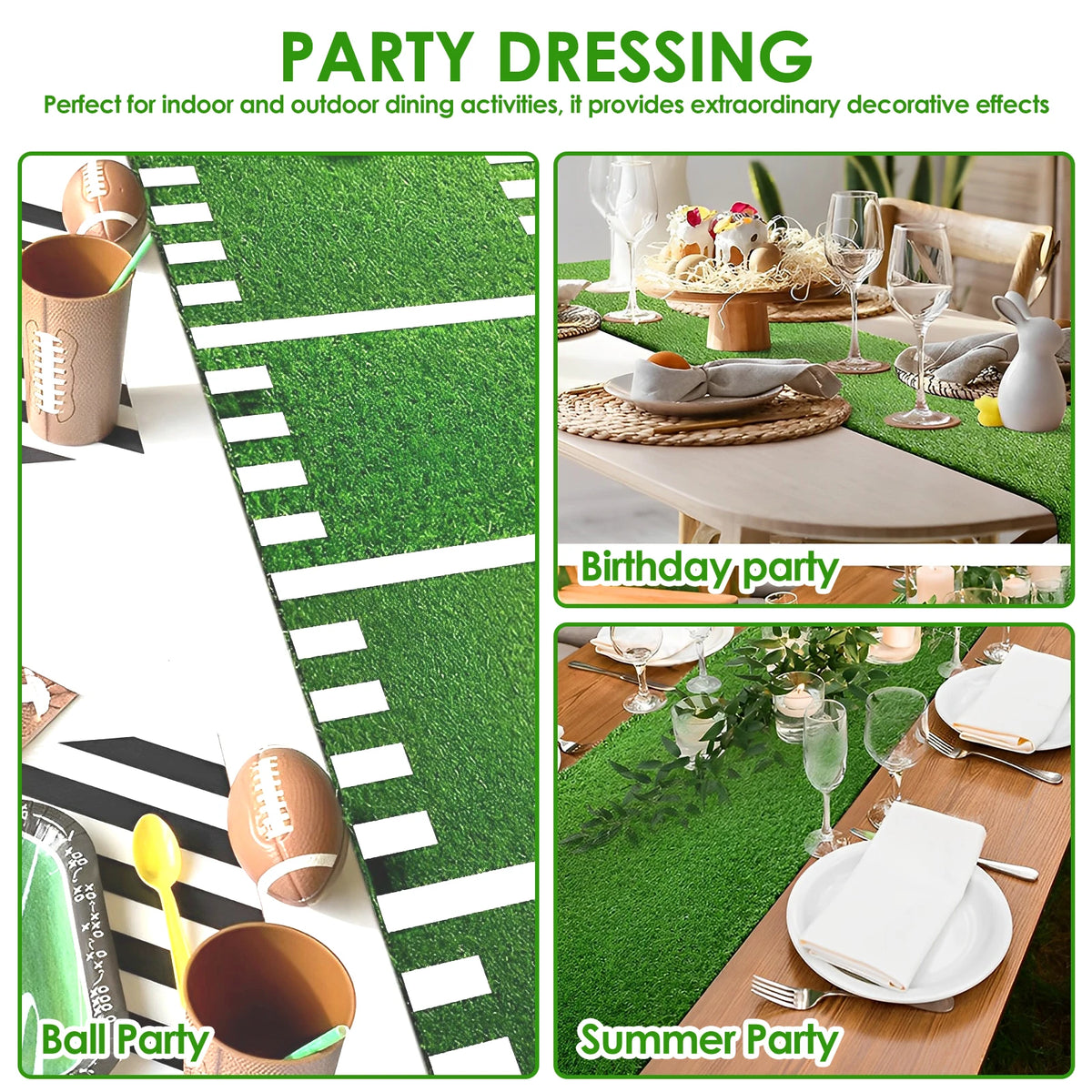 chemin table vert imitation gazon texturé décoratif festif assiettes couverts verres fleurs ballons figurines