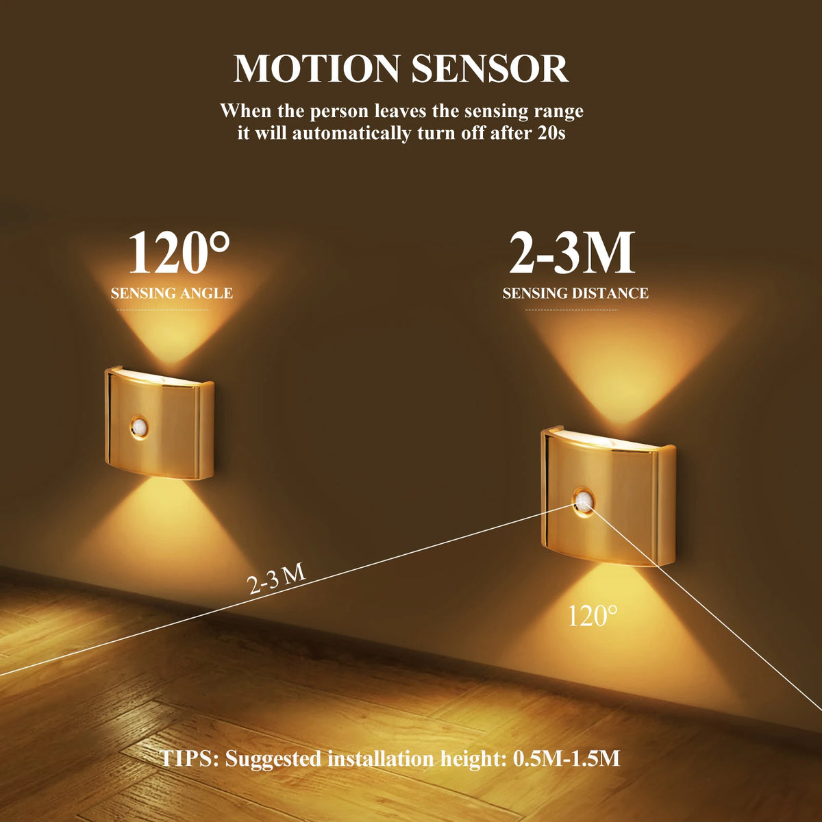 lampe murale moderne dorée led rechargeable détecteur mouvement 120deg angle chambre salon