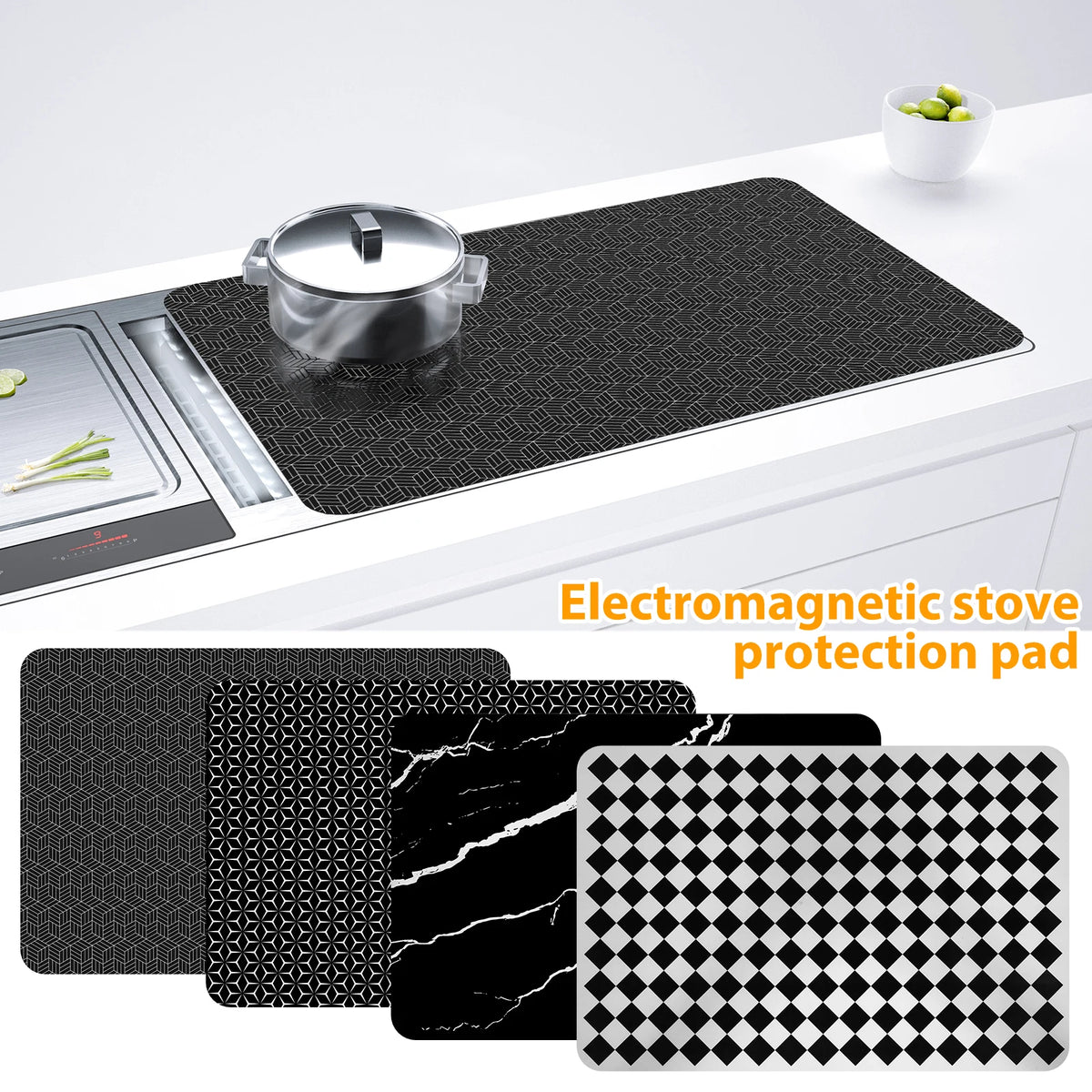 tapis protection plaque cuisson induction silicone noir motif géométrique antiadhésion résistant chaleur moderne adhésif