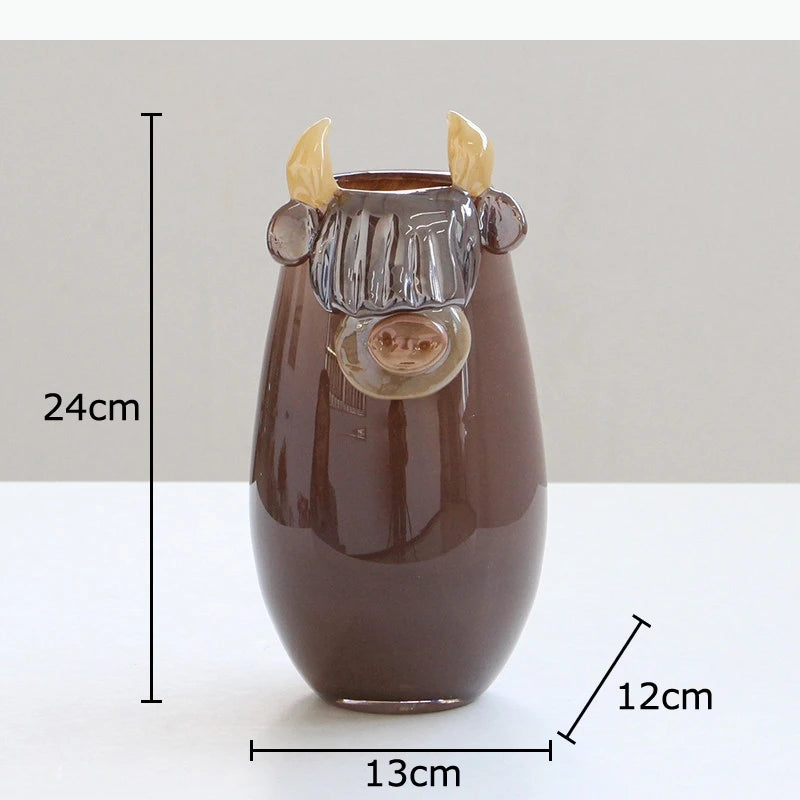 vase tête vache hauteurs cornes marron crème décoration table rustique fleuri moderne chambre salon