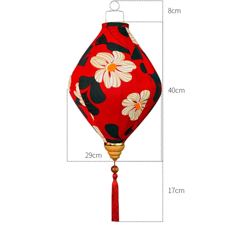 lanterne japonaise traditionnelle rouge fleurs décorative artisanale pompon bois suspendue