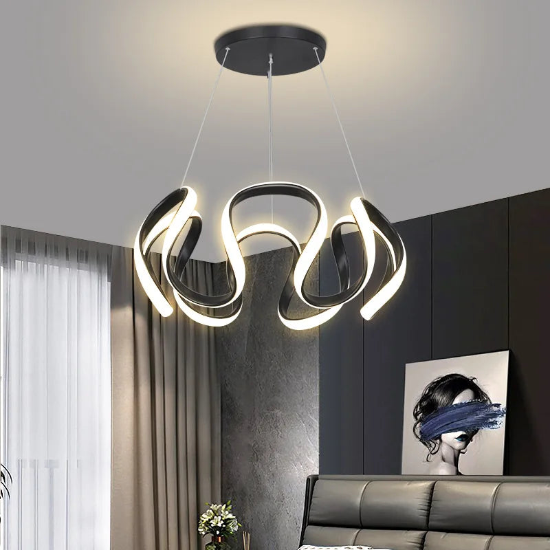 suspension lumineuse moderne noir doré boules lumière câbles suspendus forme circulaire ondulée
