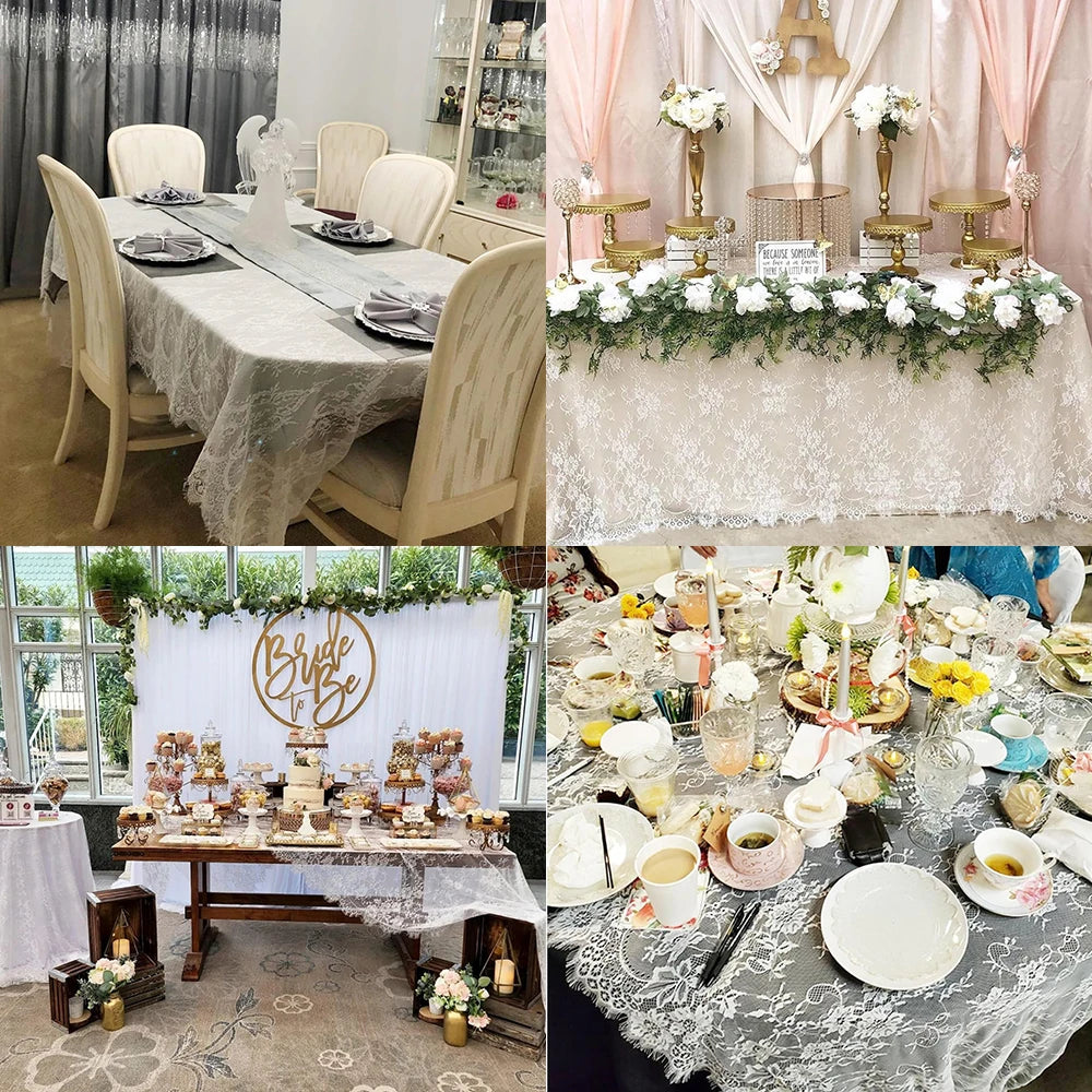 nappe dentelle blanche mariage transparente romantique boho décoration table réutilisable festive fleurs argentées