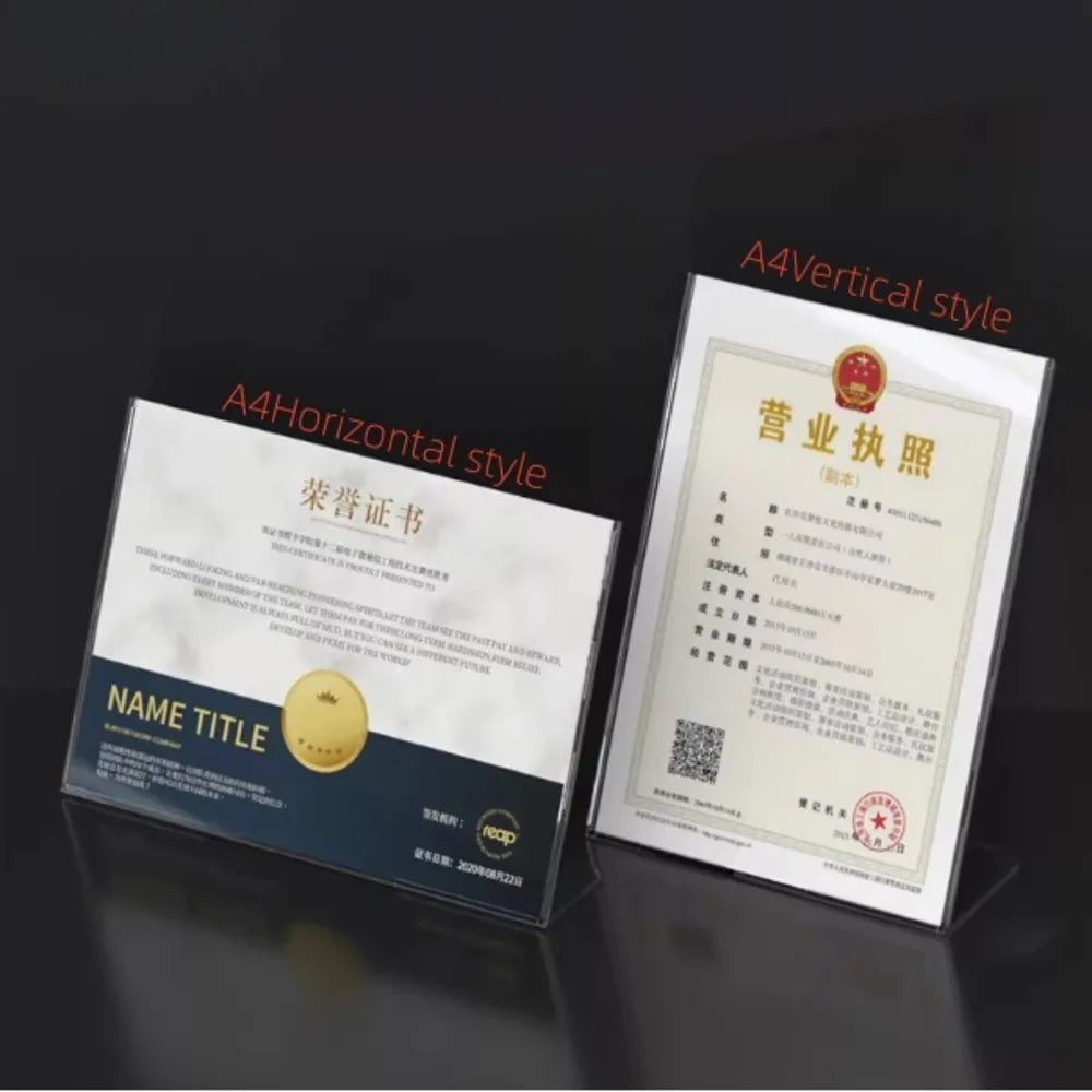présentoirs documents transparents moderne certificats diplômes base stable flèches bleues insertion facile A4 horizontal
