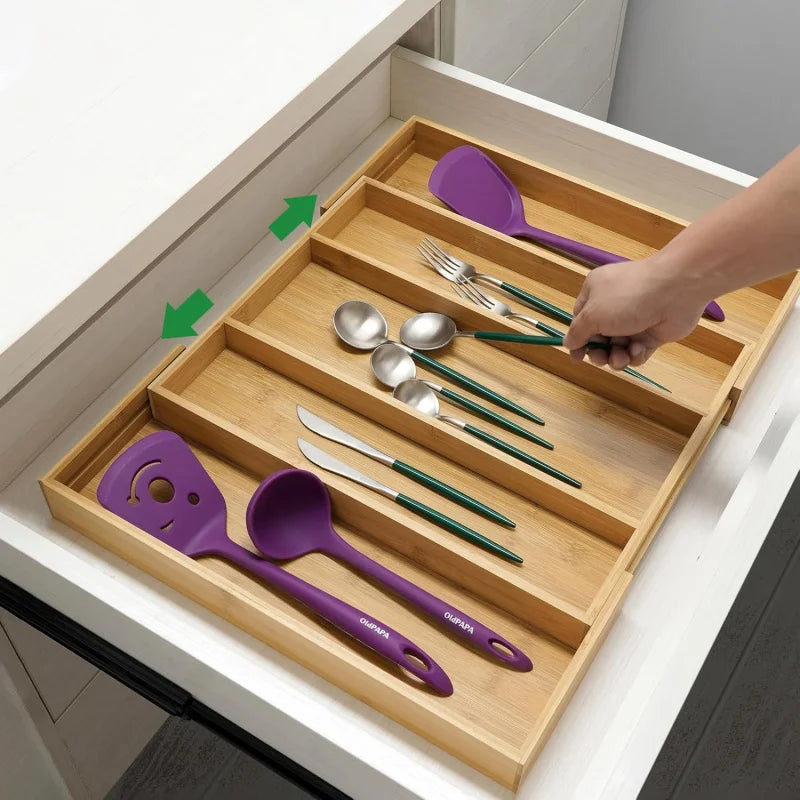 organisateur tiroir cuisine bambou réglable vaisselle couteaux fourchettes cuillères pince sel moderne