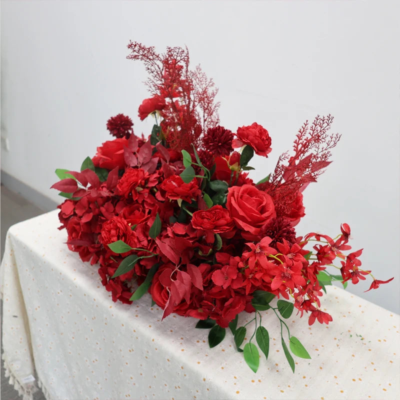 décoration maison arrangement floral artificiel rouge roses hydrangéas anthuriums anniversaire mariage