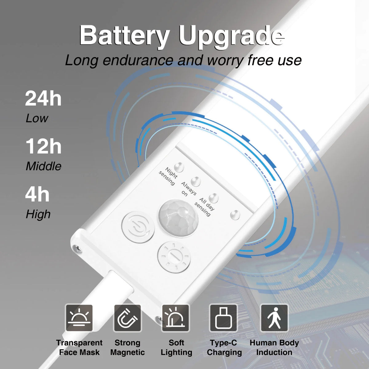 lampe led rechargeable détecteur mouvement 20cm 30cm 40cm 50cm blanc moderne adhésif interrupteur tactile