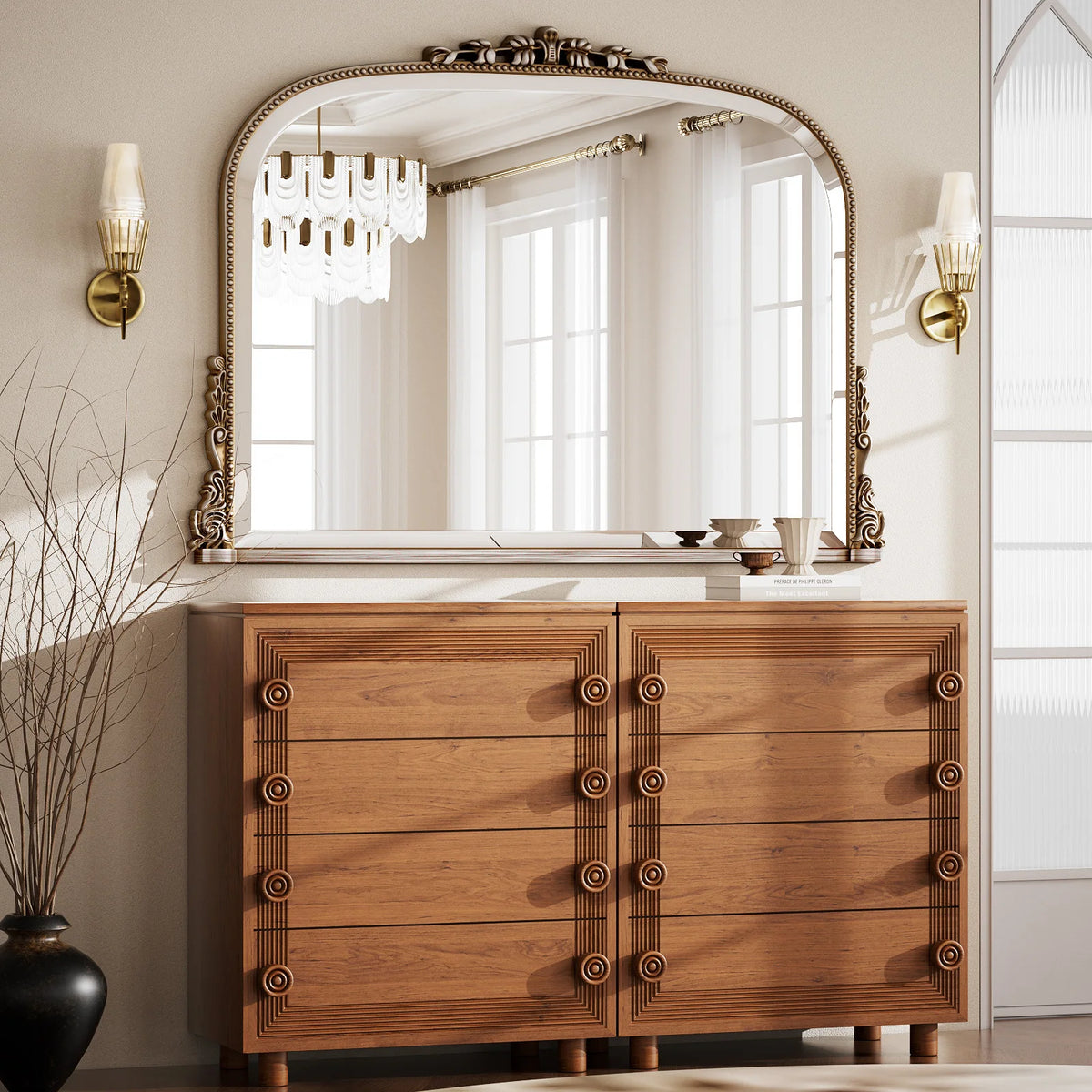 miroir salle bain bois naturel vintage classique motifs dorés vis fixations chambre
