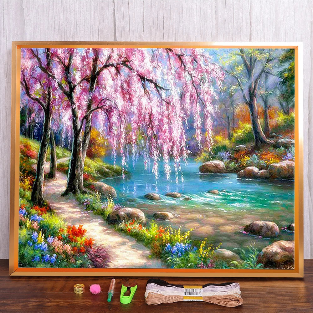 broderie paysage fleurs feuilles multicolore artisanal toile coton fil aiguille guide couleurs échantillons