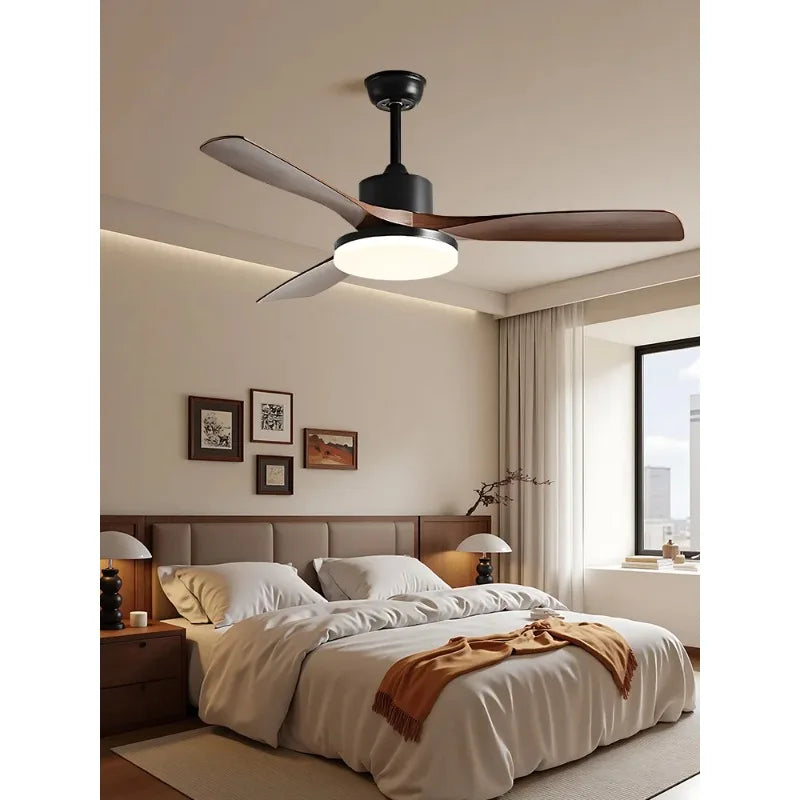 ventilateur moderne noir bois lampe led télécommande flux lumineux haute performance