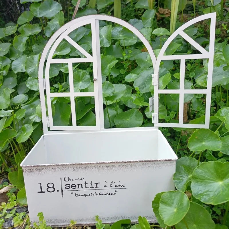 Bac fleurs métal vintage blanc vert fenêtre succulents rustic decorationintérieur jardinage